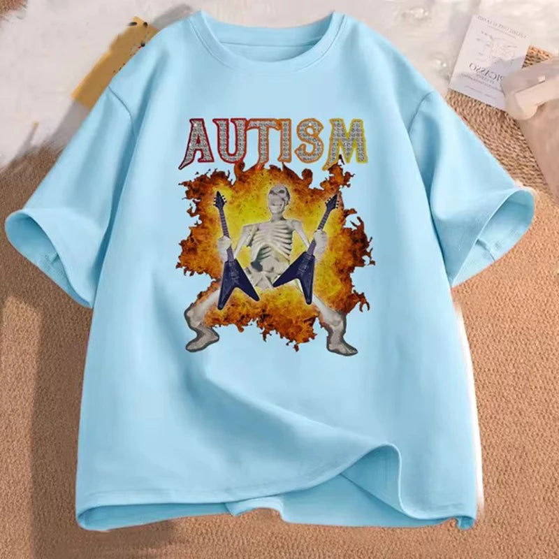 Autism Funny Skeleton Meme Men's T-shirt Cotton Mens Clothing Graphic Tshirts Man women Clothes Printed Short Sleeve Tee Tshirts
