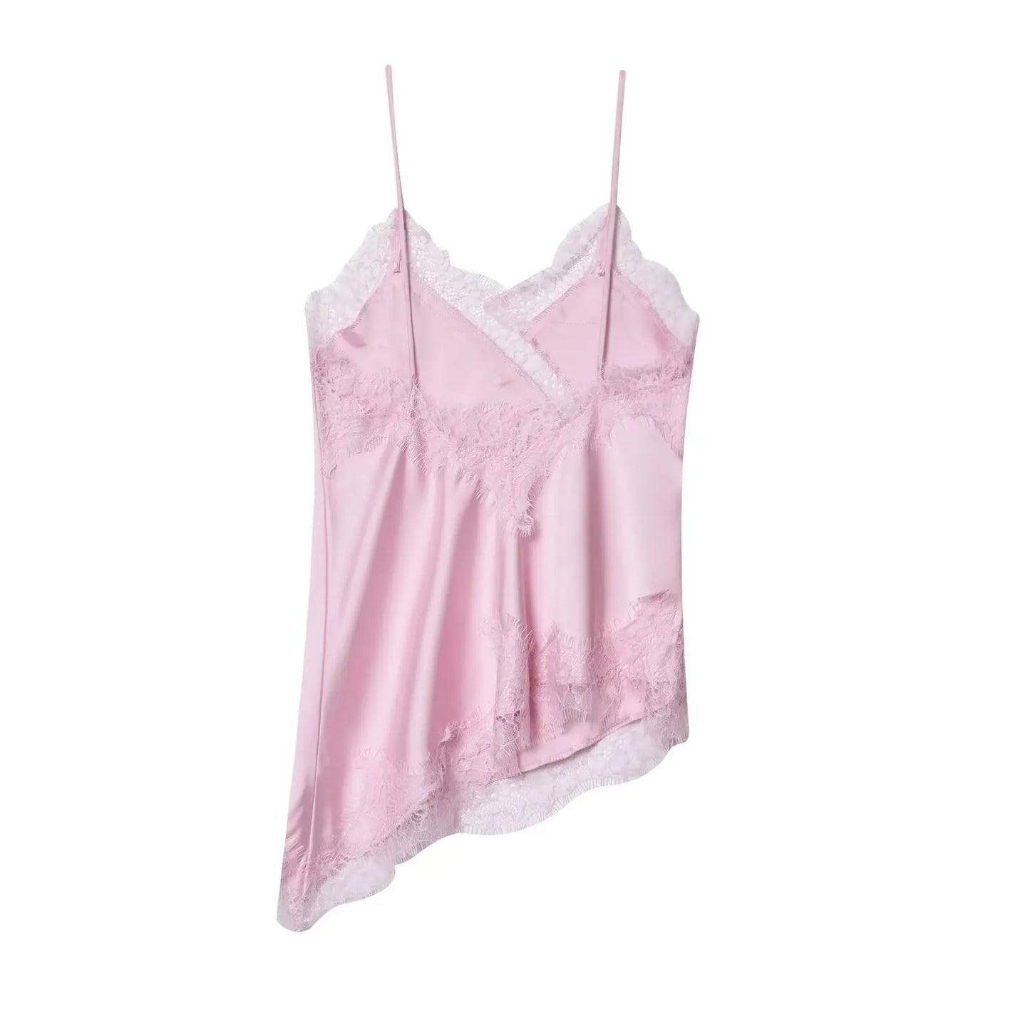 HH Summer Women Chic Sexy Lace Spliced Suspender Tops Woman V-neck Sleeveless Backless Hollow Asymmetrical Hem Design Top