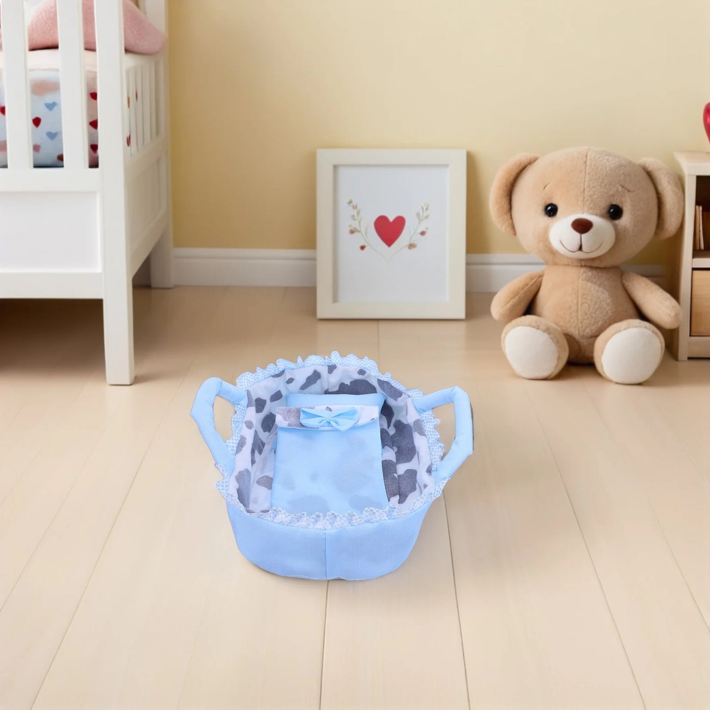 Baby Bassinet 35Cm Blue Handheld Cradle Carrier For Dollhouse Play Mini Crib Bed Reborn Accessories Kids Pretend