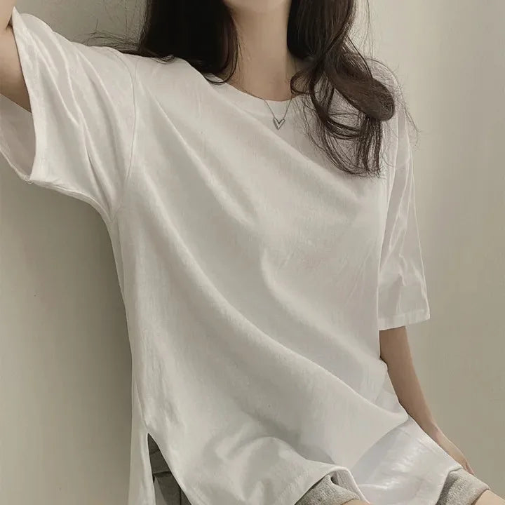 T-shirt for Women in Summer 2025 Slit Black Top Ins Pure Cotton Cotton Mother Simple Loose Long Short Sleeve High Elastic