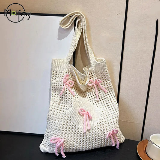 Ladies Beach Bags Vintage Hollow Bow Design Woven Shoulder Handbag Knitting Large Capacity Handbags Summer Travel Shopper Tote