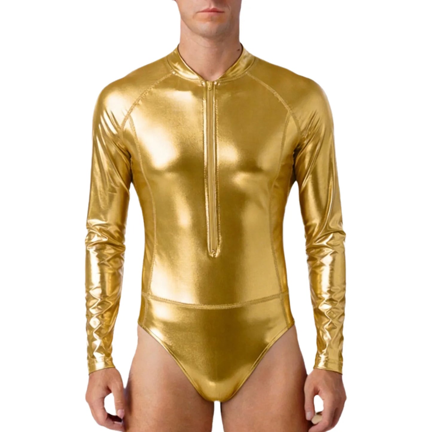 Mens Bathing Suits Swimsuits Metallic Shiny Bodysuit Long Sleeve One-piece for Nightclub Jazz Dance Beach Gymnastics Leotard