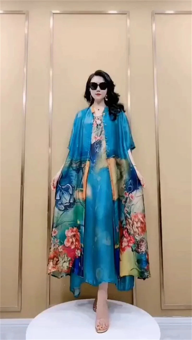 High Atmospheric Elegant Silk Dress Two-piece set 2024 Summer New Westernized Mulberry Silk Large Size Temperament Long Set Skir
