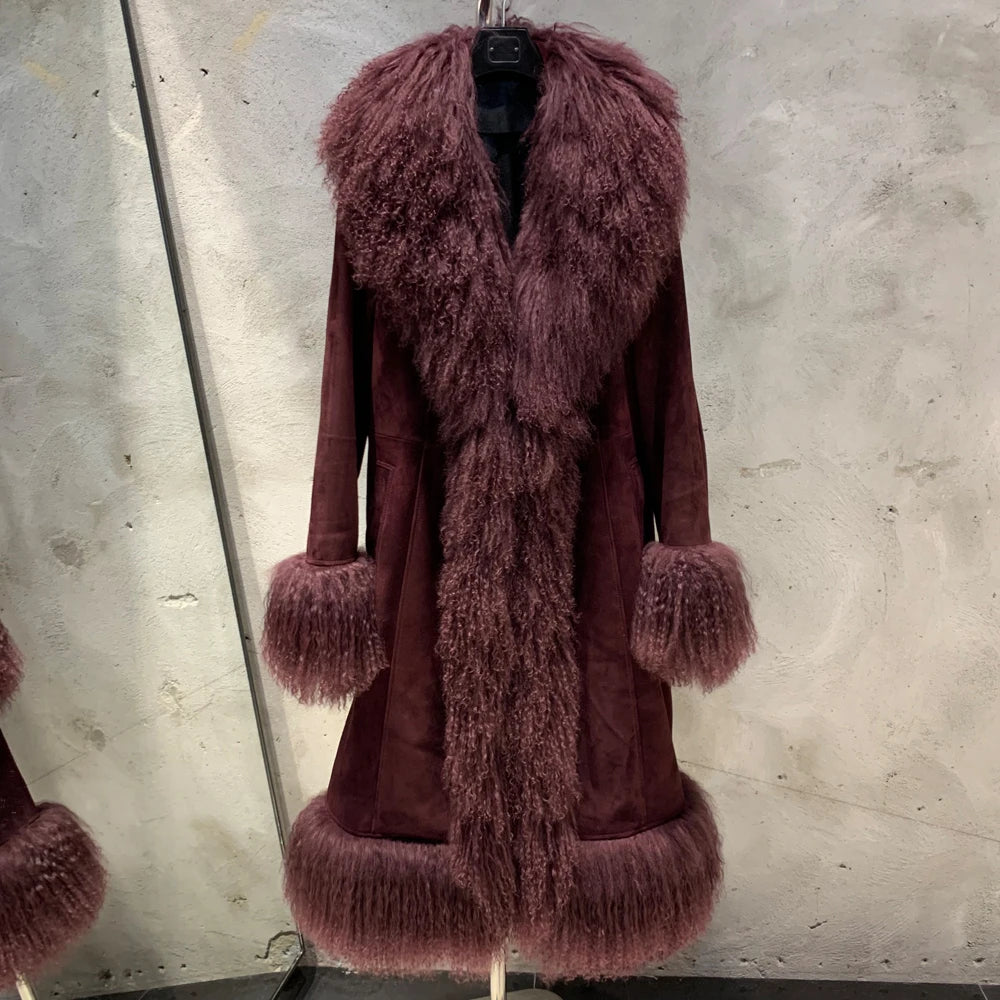 Suede Coat Fur Collar Women Autumn Genuine Sheepskin Coat Long with Mongfolian Fur Trim