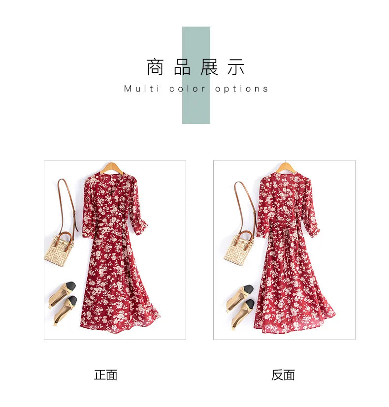 Silk Dress Summer New 2025 Women French Temperament V-neck Five-point Sleeve Printed Mulberry Silk Tea Break Dress