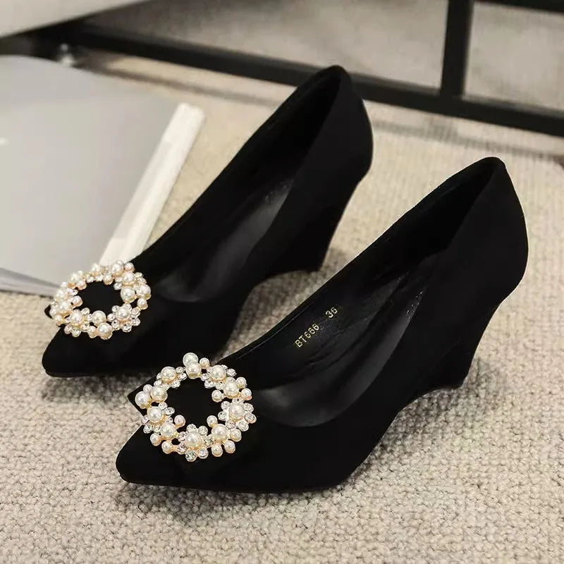 Slope Heel Fashion Shoes Women Spring New Water Diamond Pointed Shallow Mouth Soft Sexy High Heels Women Black Retro Footwear 43