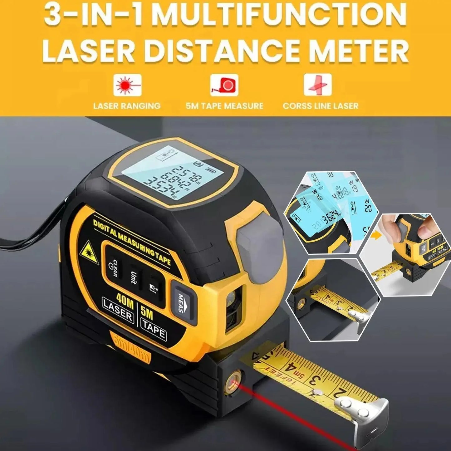 3IN1 Laser Tape Measure Meter Laser Rangefinder Meter With Digital Display 40M/60M Laser 5M Tape measure Precision Measure Ruler