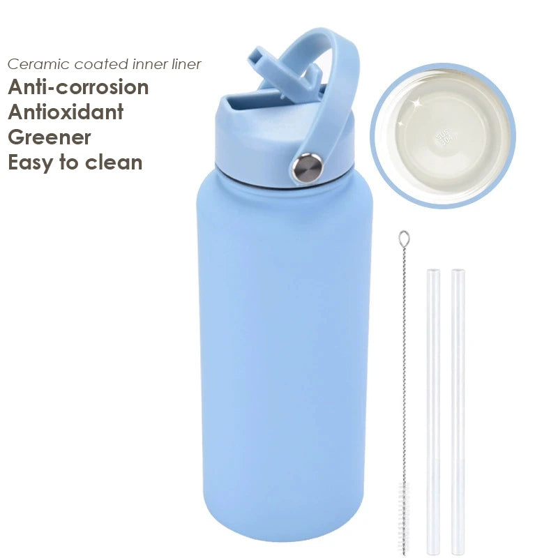 1000ML Water Bottle With Straw Lid Vacuum Insulated FlaskThermos Tumbler Ceramic Anti-Corrosion Coating Custom Gifts