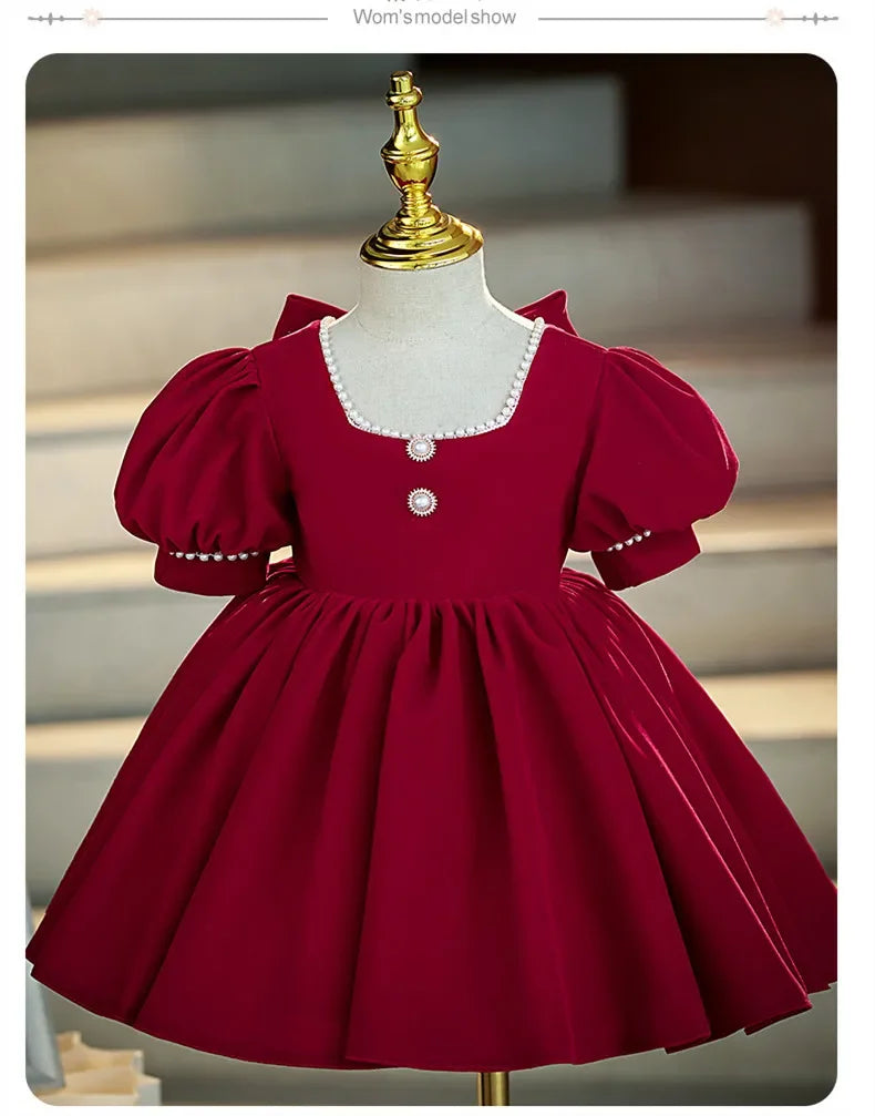2025 Red Dress For Children Formal Party Dresses For Baby Girl ClothesKids With Big Bow Girls Teenagers Beading Plain Ball Gown