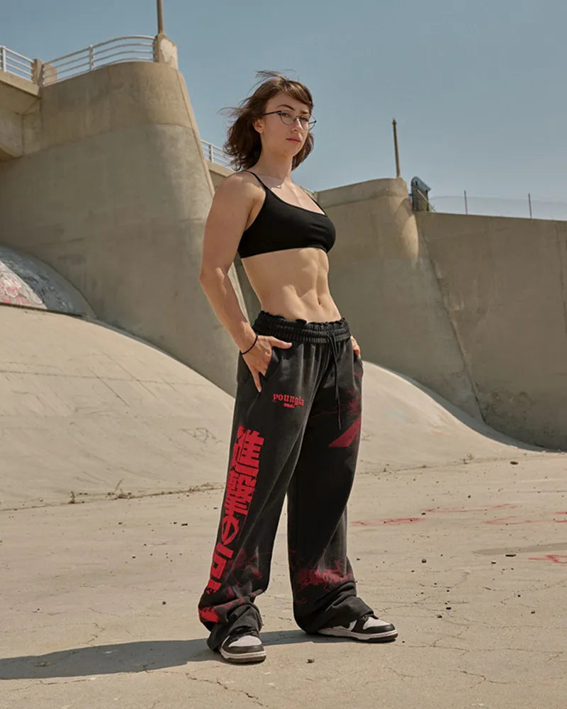 new 2026 American sports pants gym fitness running training pants cotton wool print wide leg pants