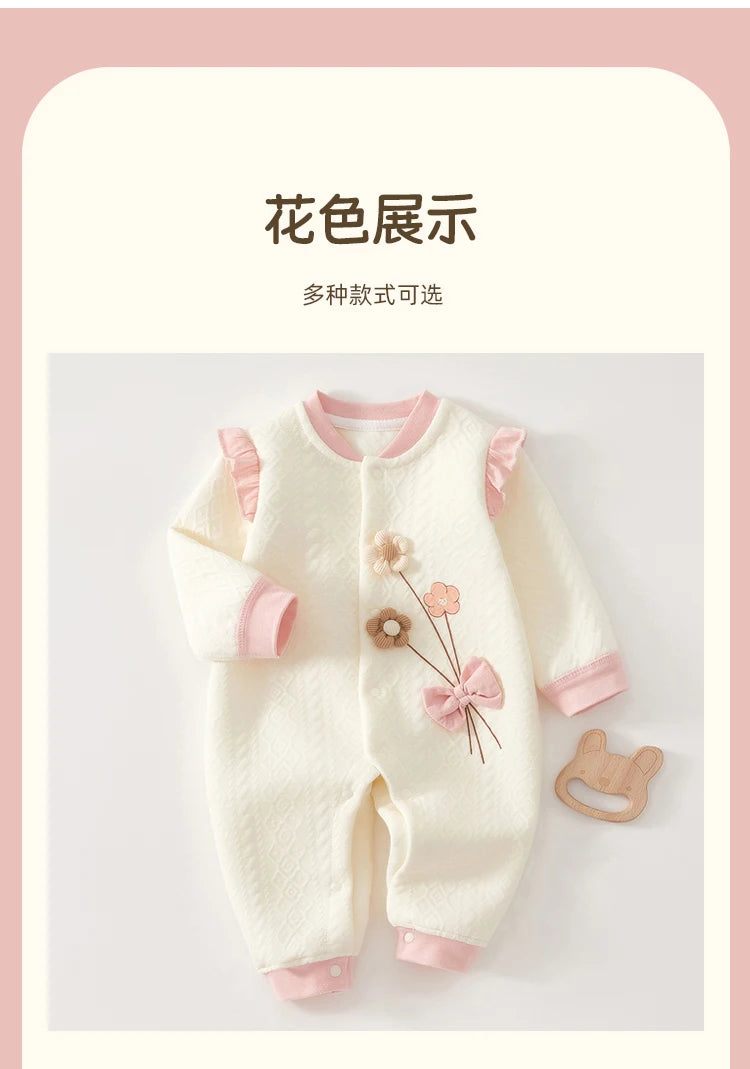 Baby Clothes for Autumn, Class A, Baby Girl Full-Month Outfit, One-Piece Suit, Baby Silk-Lined Warm Newborn Romper