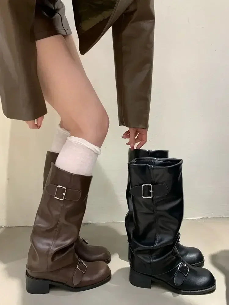 Woman Boots Knee High Platform Chunky Heels Trend Punk Gothic New Rock Leather Fashion Women's Shoes Motorcycle Footwear