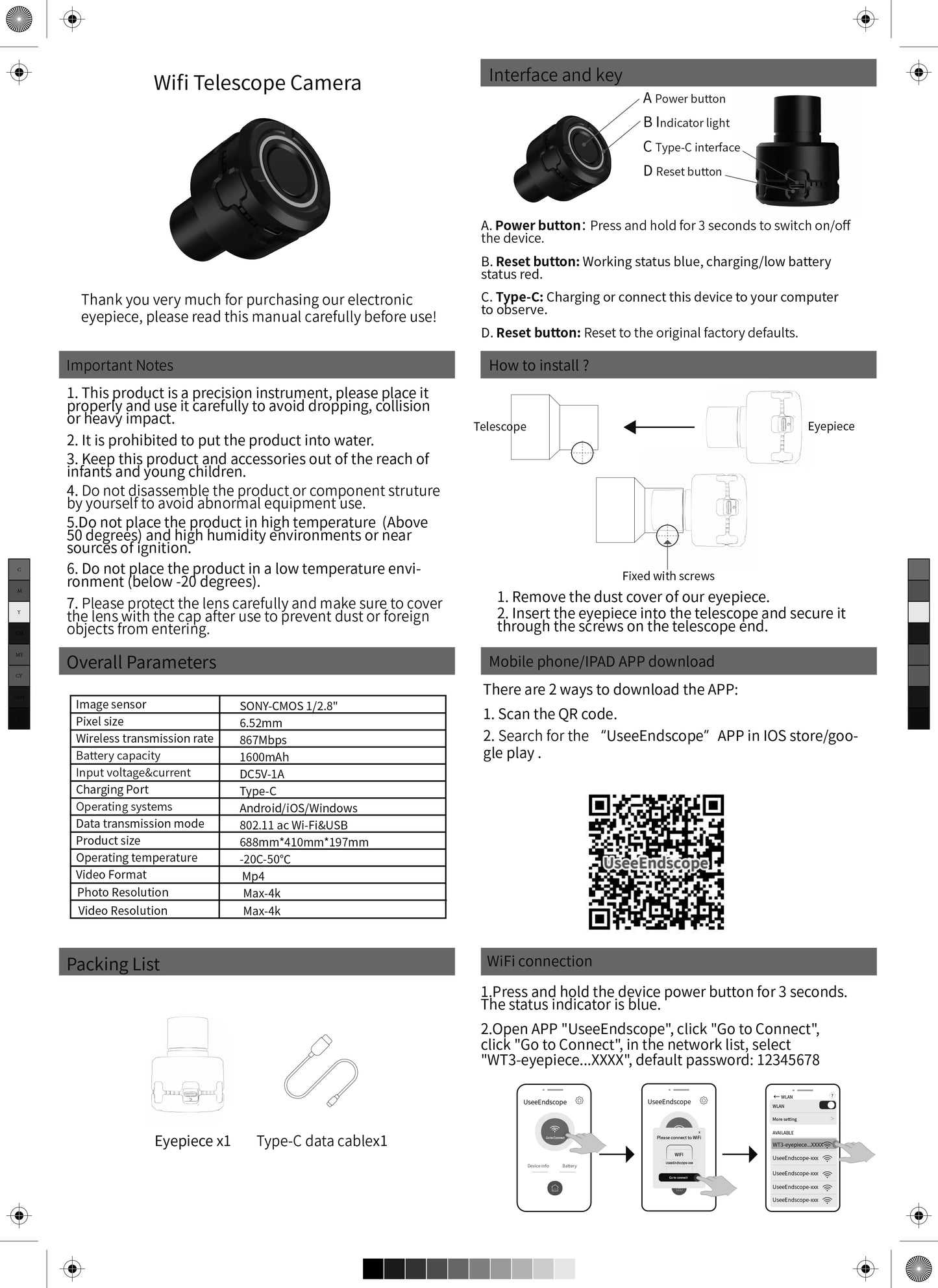 4K HD Telescope Eyepiece Camera Portable WiFi Wireless Birdwatching Electronic Eyepiece Connected To Mobile Phone and PC