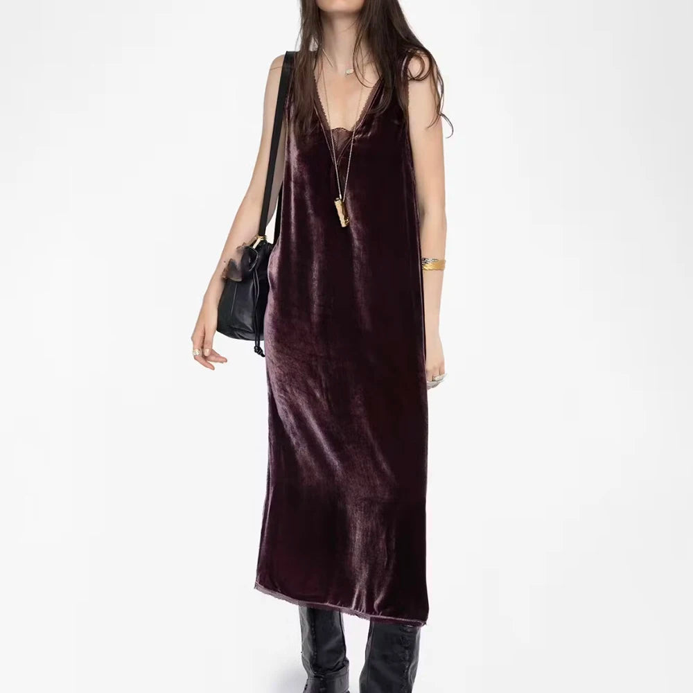 Rowan 22T485 Solid Velvet Graphic Print Women Dress Summer V-Neck Sleeveless Lace Lady Long Skirt Casual Classic Dress 2026