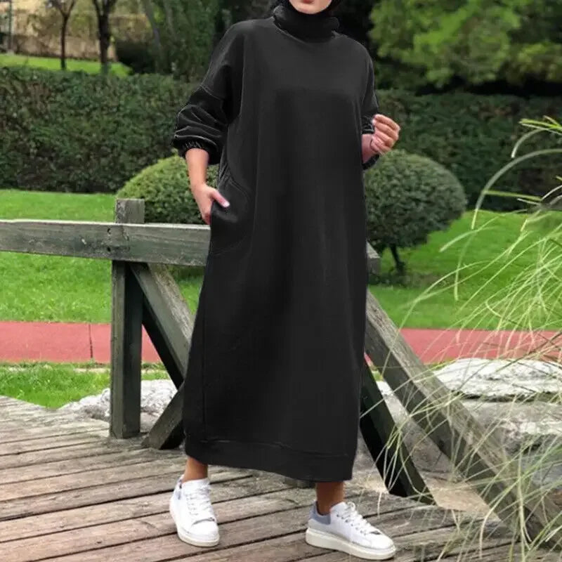 Women Hoodies Dresses Autumn Winter Casual Hooded Plush Tutleneck Pocket Sweaters Dress Long Sleeved Casual Loose Vestidos 2023