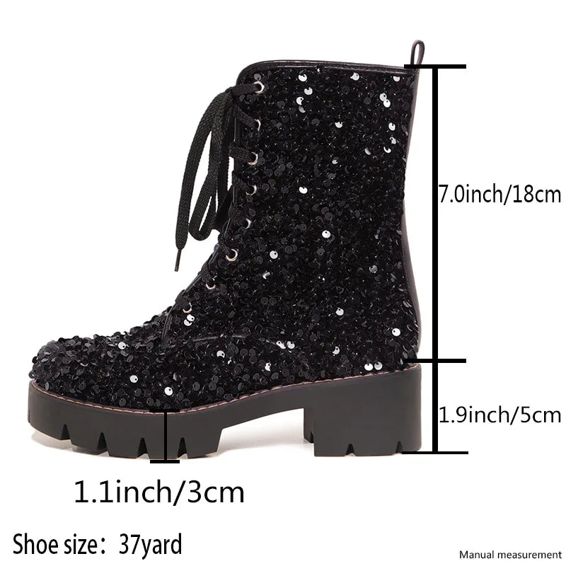 2025 New Fashion Women Shoes Front Lace Up Sequin Short Boots Coarse Heel Stage Show Ankle Boots Ladies Party Casual Short Boots
