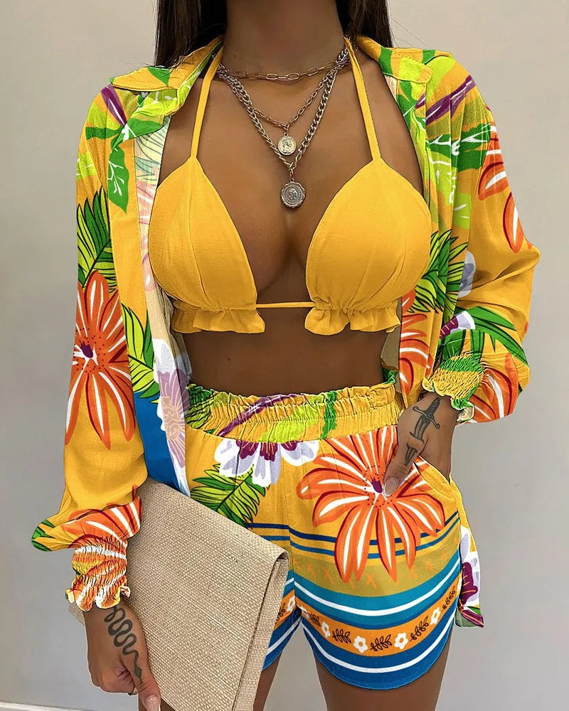 2024 New Bathing Suit Shorts Cover Up Summer Three Pieces Swimwear Sexy Beachwear High Waist Bikini Set Print Women's Swimsuit