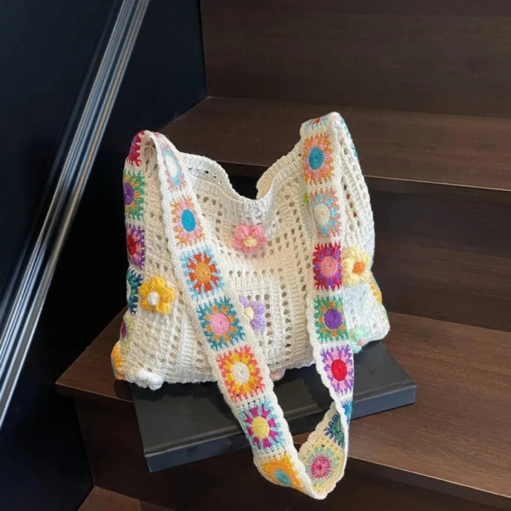 Fashion Large Capacity Women Shoulder Bag Floral Crochet Vintage Handbag Boho Hollow Out Knitted Crossbody Bags