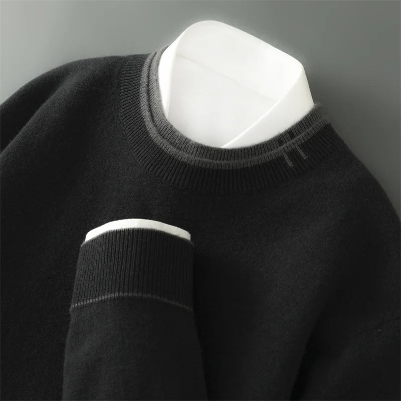 Pure Wool Sweater Men Autumn and Winter New Thick Warm Double Two Collar Knit Pullover Business Casual Sweater Men's Base Shirt