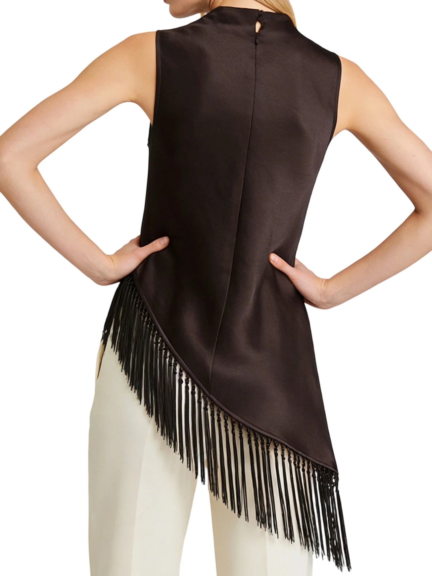 Women's Summer Tassel Hem Vest Brown Sleeveless Solid Color High Neck Long Tank Tops