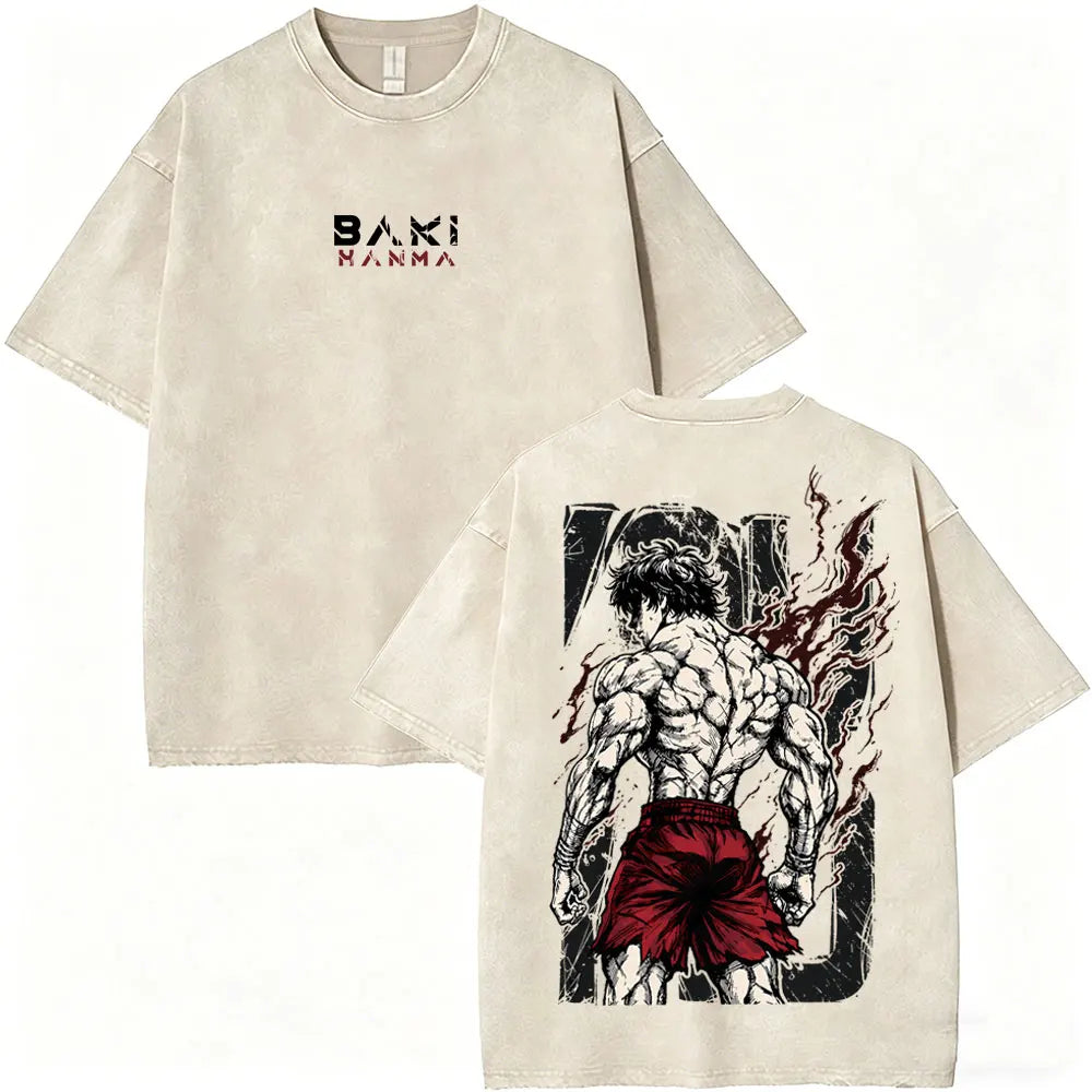 Washed Vintage Anime Baki Hanma Wake Up T-shirt Men Women Retro Manga Oversized T-shirts Men's Casual Cotton T Shirts Streetwear