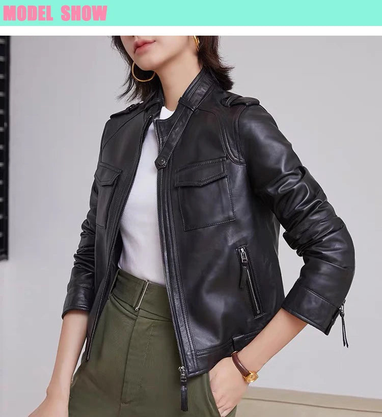 Autumn Clothes Women Genuine Sheepskin Short Locomotive Jaqueta Feminina Stand Collar Slim Vintage Versatile Brown Leather Coat