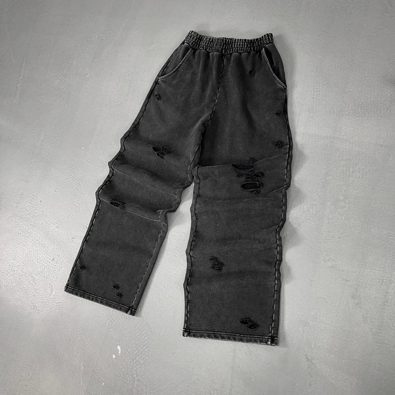 2025 Autumn/Winter Acid Wash Sweat Pants Athletic Joggers Hip Hop Raw Edges Cut Crush Distressed Frayed Wide Leg Sweatpants