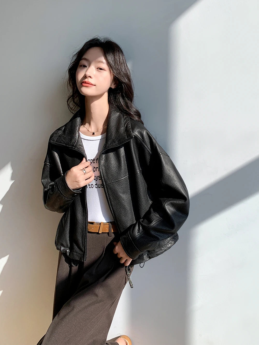 Vintage Genuine Leather Cropped Jackets for Women Spring Autumn 2025 New High-end Simple Stand Collar Bubble Real Sheepskin Coat