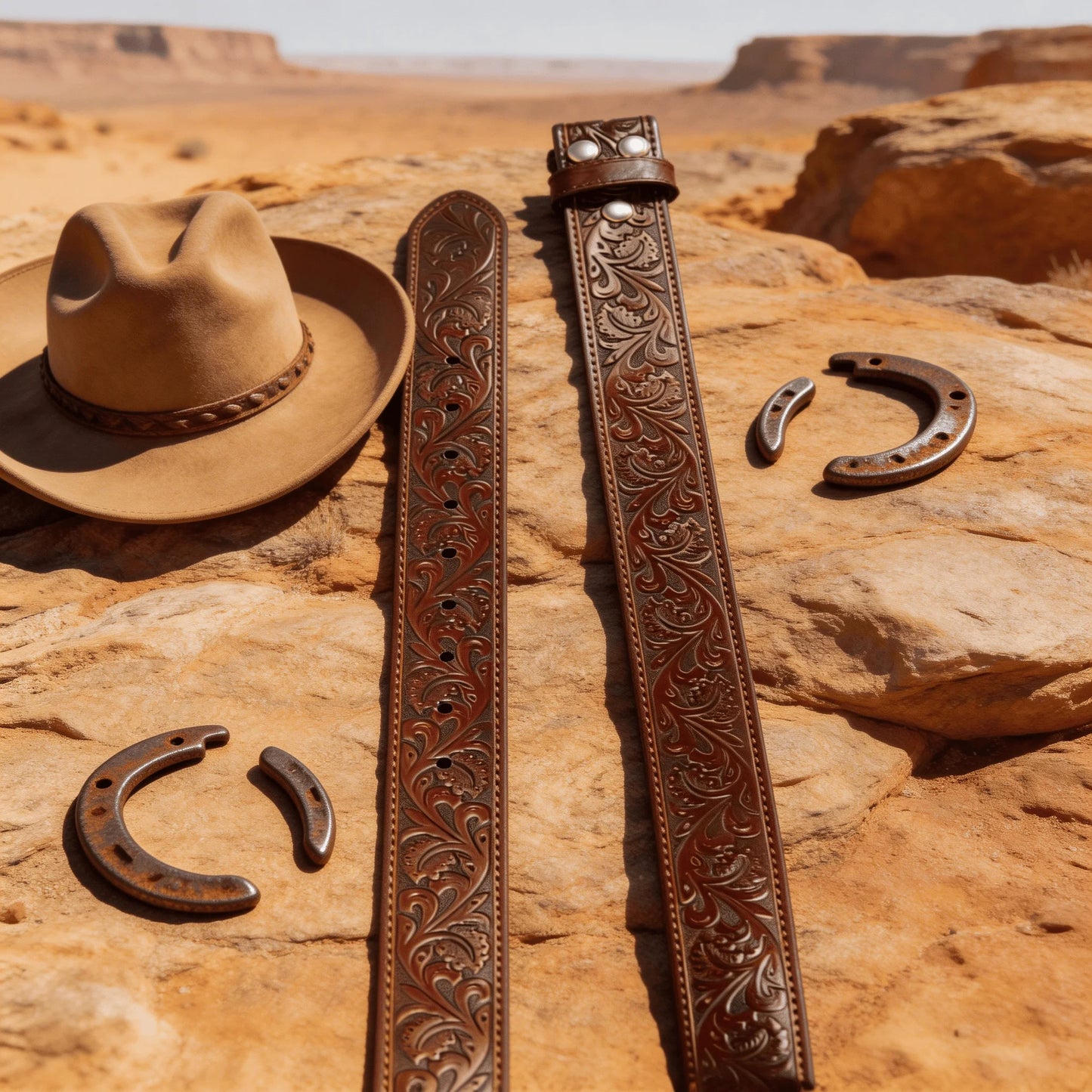 Western Style Tooled Leather Belt Strap - Buckleless Design for Customizable Fit