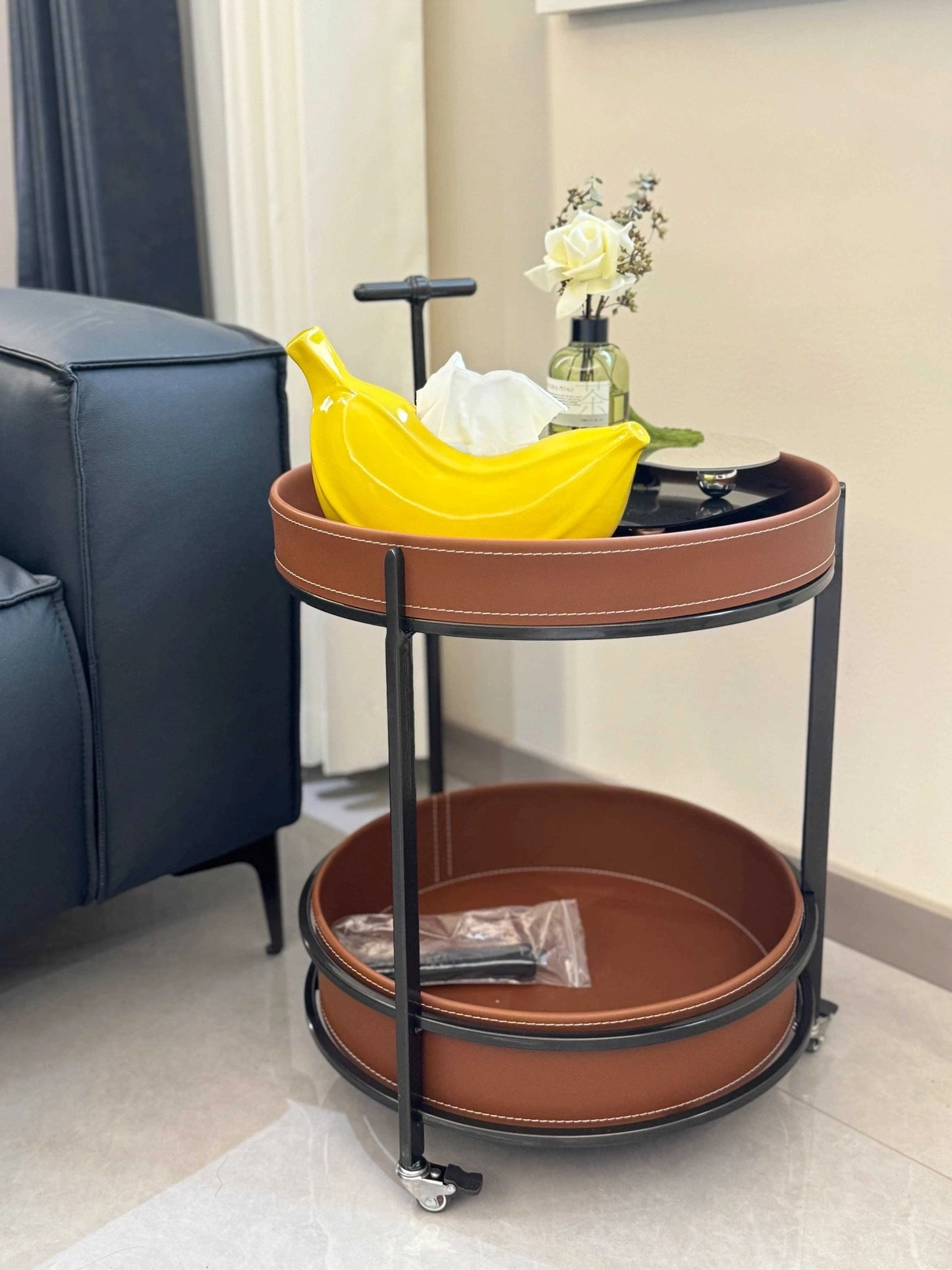 2026 New Light Luxury Sofa Side Table Movable Hotel Room Saddle Leather Trolley Home Bedroom Storage Bedside Small Coffee Table