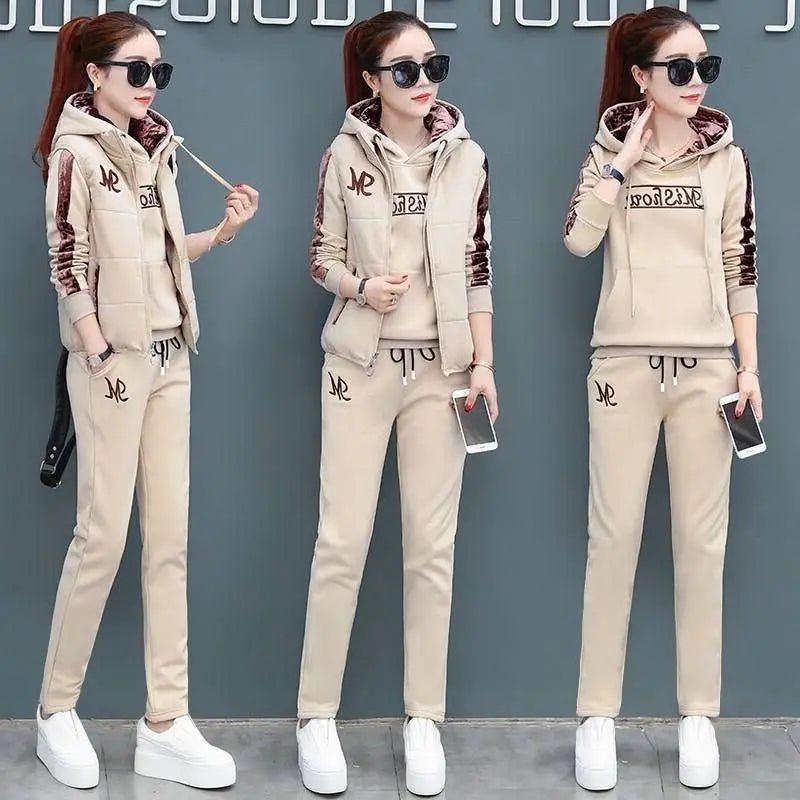 Women's Casual Sweat Suit 2025 Autumn Winter New Fashion Plush Thickened Hooded Tops Waistcoat Pants 3 Three Piece Set For Women