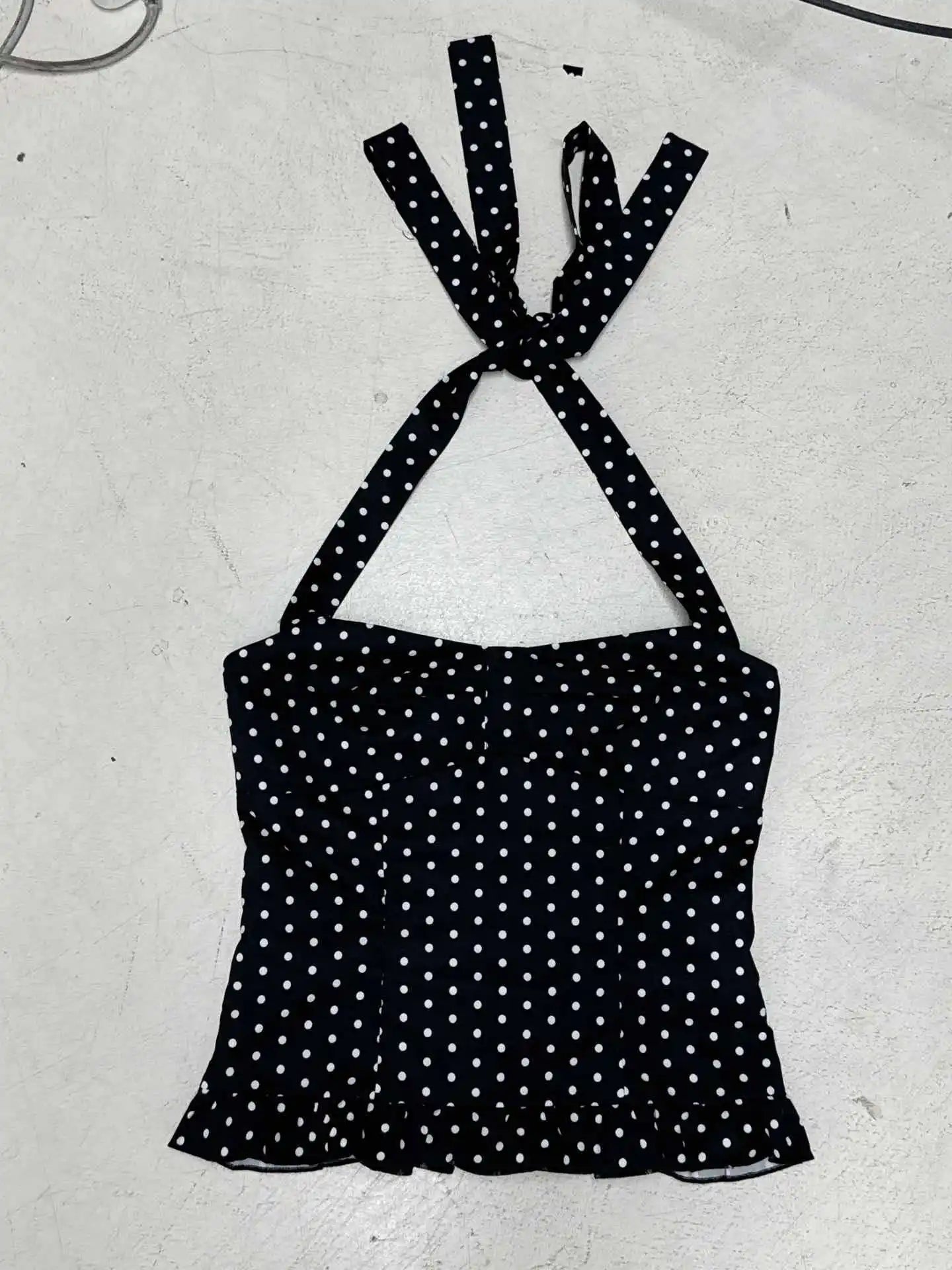 Women Halter Tank Tops Ruffles Hem Lady Sexy Backless Sleeveless Crop Top Summer Fashion Streetwear Female Dot Print Vests