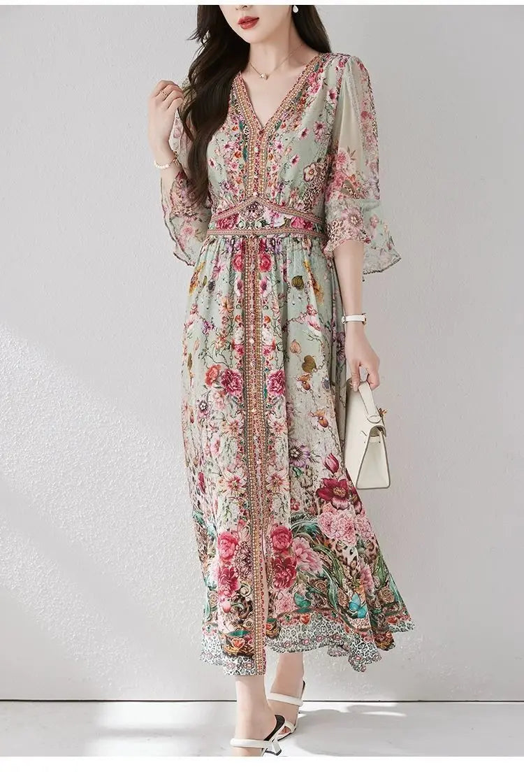 Green Silk Dress for Women in the Summer of 2026 Luxurious High-end Exquisite and Elegant Temperament Mulberry Silk Vacation WLF