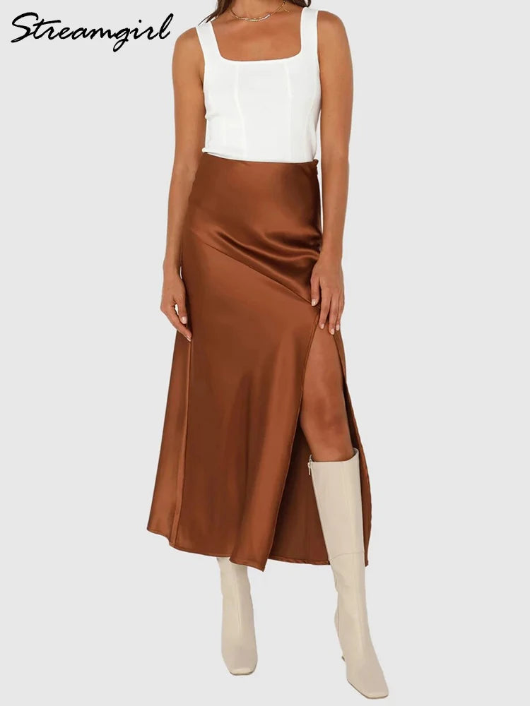 Summer Satin Skirts For Woman Office Maxi A Line Black Silk Skirts With Slit Lady High Waist Women Patchwork Skirt Long Elegant