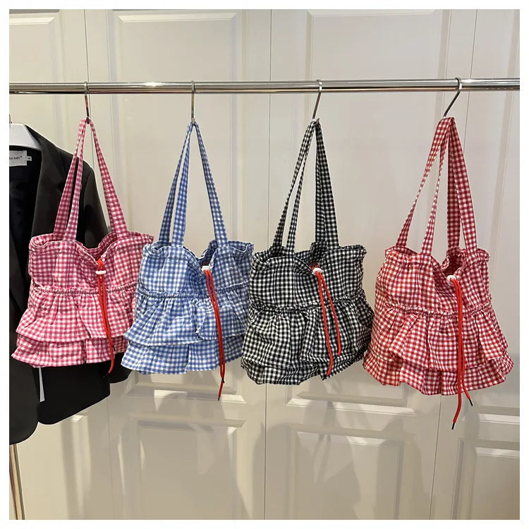 Women's Tote Bag Ruffles Plaid Drawstring Handbag Women Fashion Canvas Shoulder Bags	Large Capacity Korean Bags Bolsos De Mujer