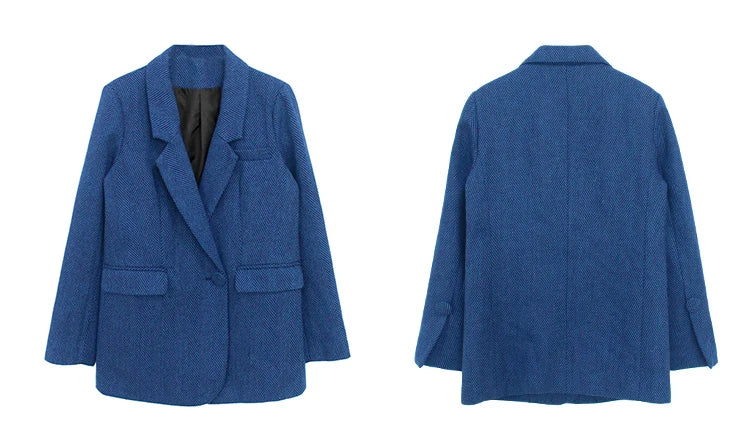 New Woolen Coat Women Elegant Thick Blue Suit Blazer Jacket 2024 Autumn Winter Office Lady Outwear Female Fashion