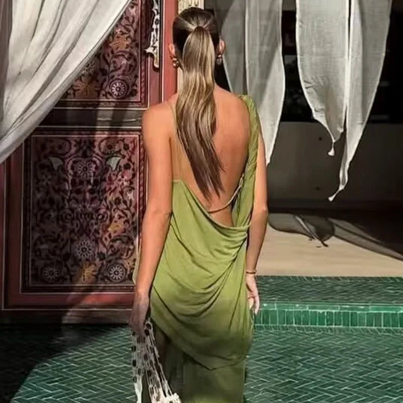 Top Women Summer Tank Sleeveless Top With Open Back Ruffled Asymmetrical Slip Top Sexy Street Style CasualOversize Green Tops