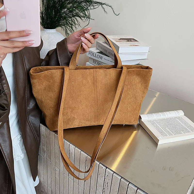 Large Capacity Tote Women Bag Retro Faux Suede Shoulder Bag Quitting Designer Bags for Women Handbag Commuting Shopper Purses