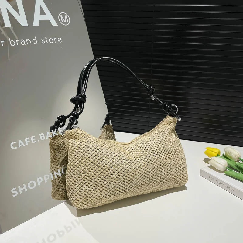 Women Woven Bag Summer Beach Holiday Handbag Portable Tote Bag Fashion Casual Big Capacity Leather Rope Women Shoulder Bags