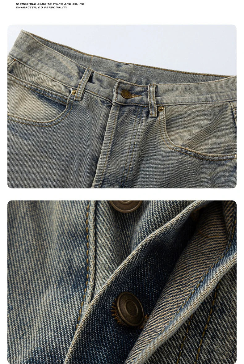 2025 Stylish Minimalistic Washed Ripped Denim Pants for Men Retro High Street Loose Wide Leg Pants for Spring and Autumn