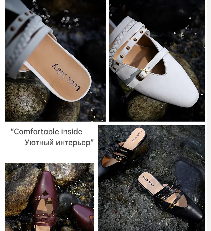 Ods Footwear Designer Rivet Women Flats Slippers Shoes Mules Female Slides Fashion Pointed Toe Ladies Flats Slippers Sandals 40
