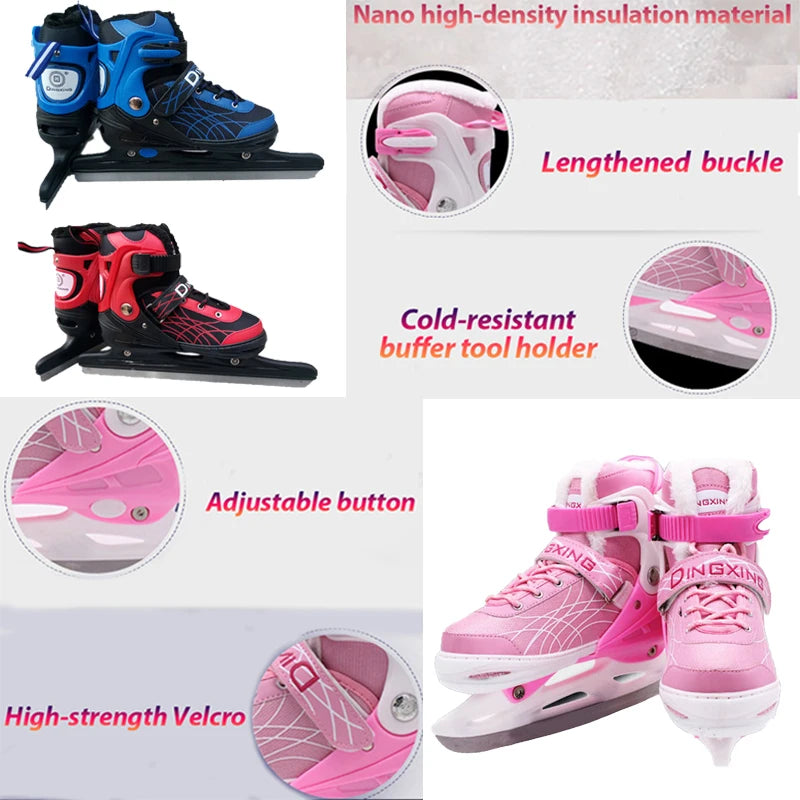 Adjustable Size Speed Skating Shoes Thermal Stretchable Ice Skates Ski Shoes Thicken with Ice Blade for Kids Adult Men And Women
