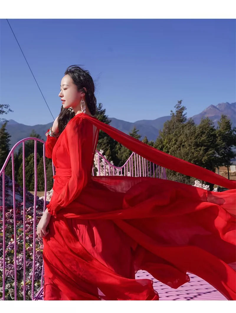 Spring/Summer Silk Dress with Charm Seaside Vacation Beach Dress Red Extra Long Tailed Long Dress White Elegant Graceful XQ26