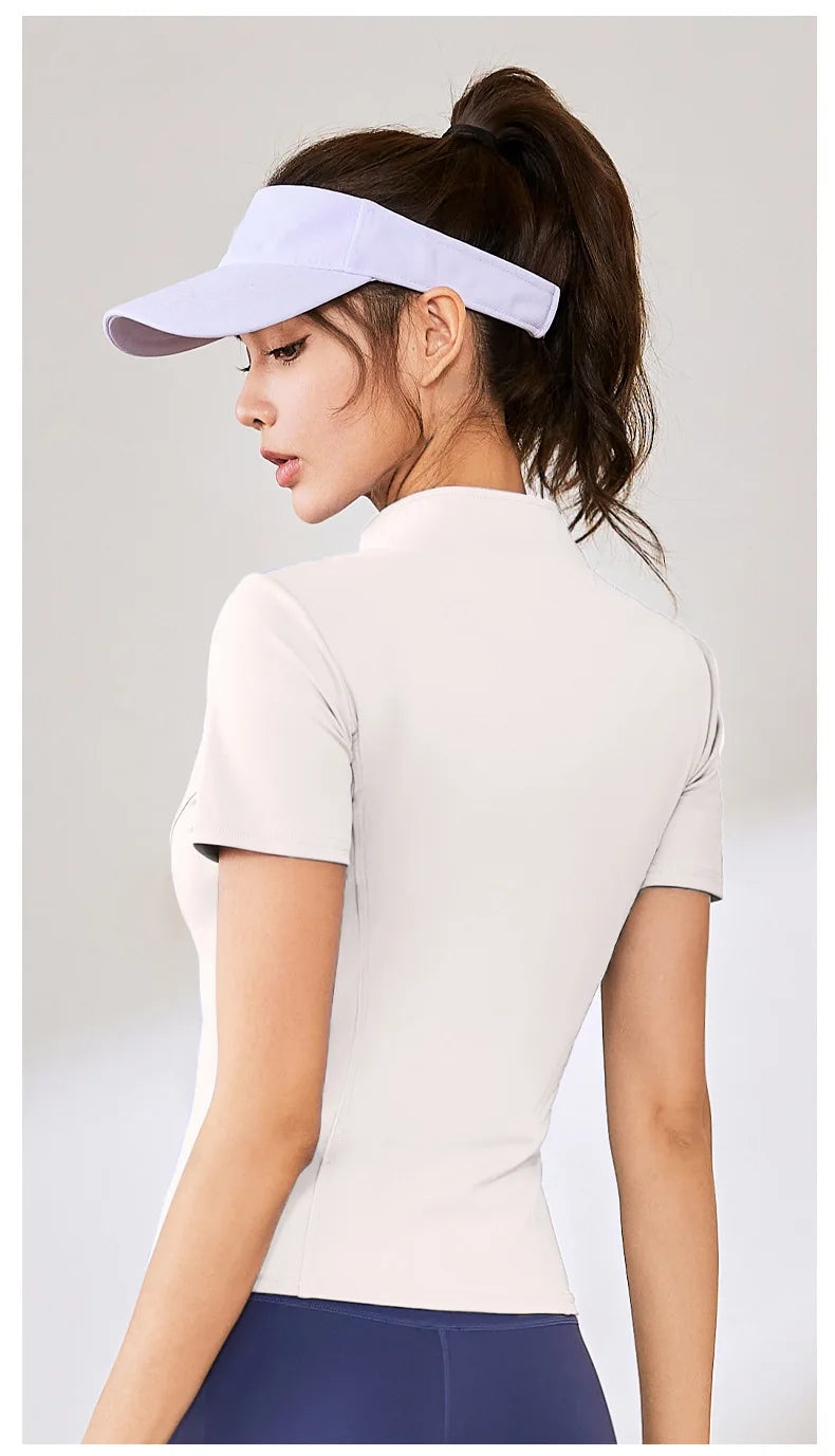 Summer High Quality Waist Slimming Training Tops Women's Quick-drying Tight Stand Collar Full Zipper Short Sleeves Yoga shirts
