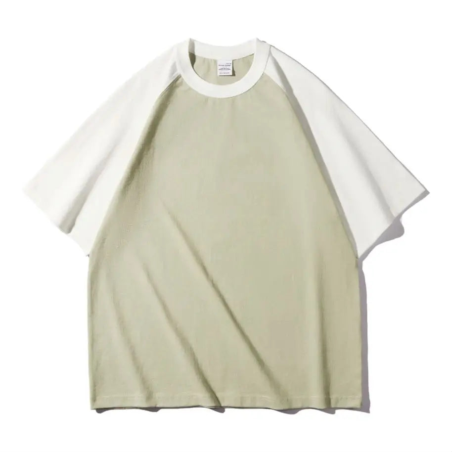Mens 100% Heavy Cotton T-Shirt 300gsm Oversized Casual Stitching Color Tee Round Neck Loose Fit Knitted Tops Fashion Streetwear
