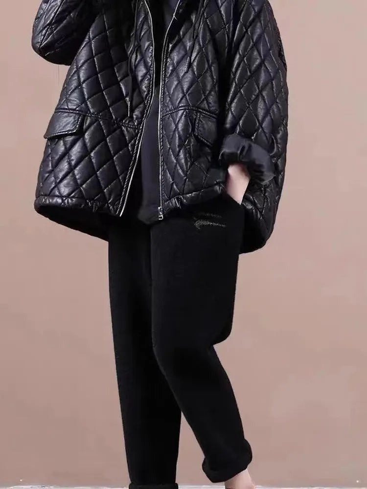 Faionable ort PU Leather Jaet Women's Thiened Cotton Inserted Outerwear Sli Commute Sle Long Sve Zipper Design