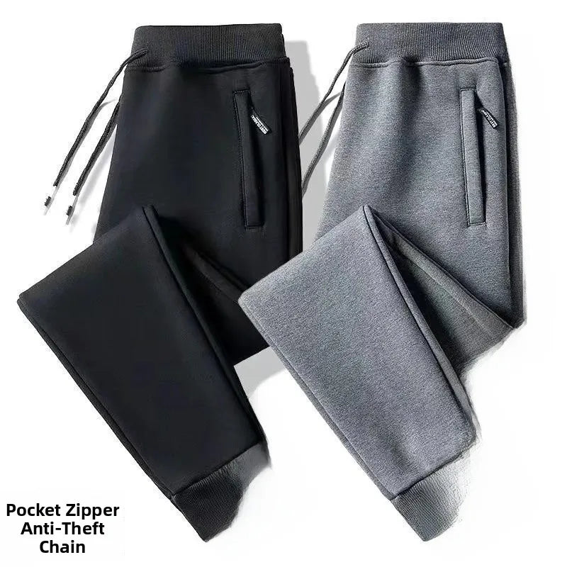 Loose Men's Fleece Lined Trousers Spring Autumn Winter Casual Wear Youth Style Pure Color Cuffed Sports Pants for Students
