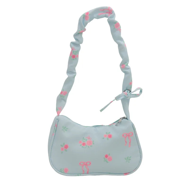 Women's Bags New Sweet Print Canvas Handbags Korean Floral Bow Printed Zipper Tote Bag Female Small Shoulder Bag