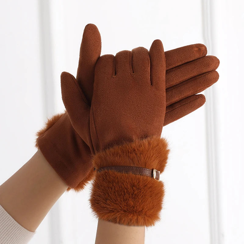 Women's Winter Gloves with Fleece Lining, Warm, Windproof, Cold-Resistant, Plush Decoration, Touchscreen Compatible, Suitable for Driving and Cycling, 1 Pair