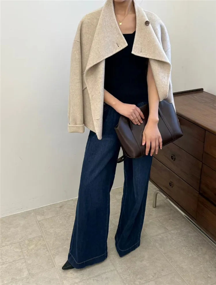 New Winter Short Woolen Coat Fashion Causal Warm Mulberry Silk Lapel Double-sided Wool Coat Loose Suit Jacket Female Tide Autumn